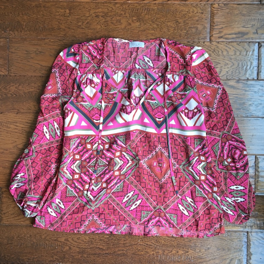 $10 CLEARANCE!!! S.Y.L.K Multi Color Peasant Top 100% SILK